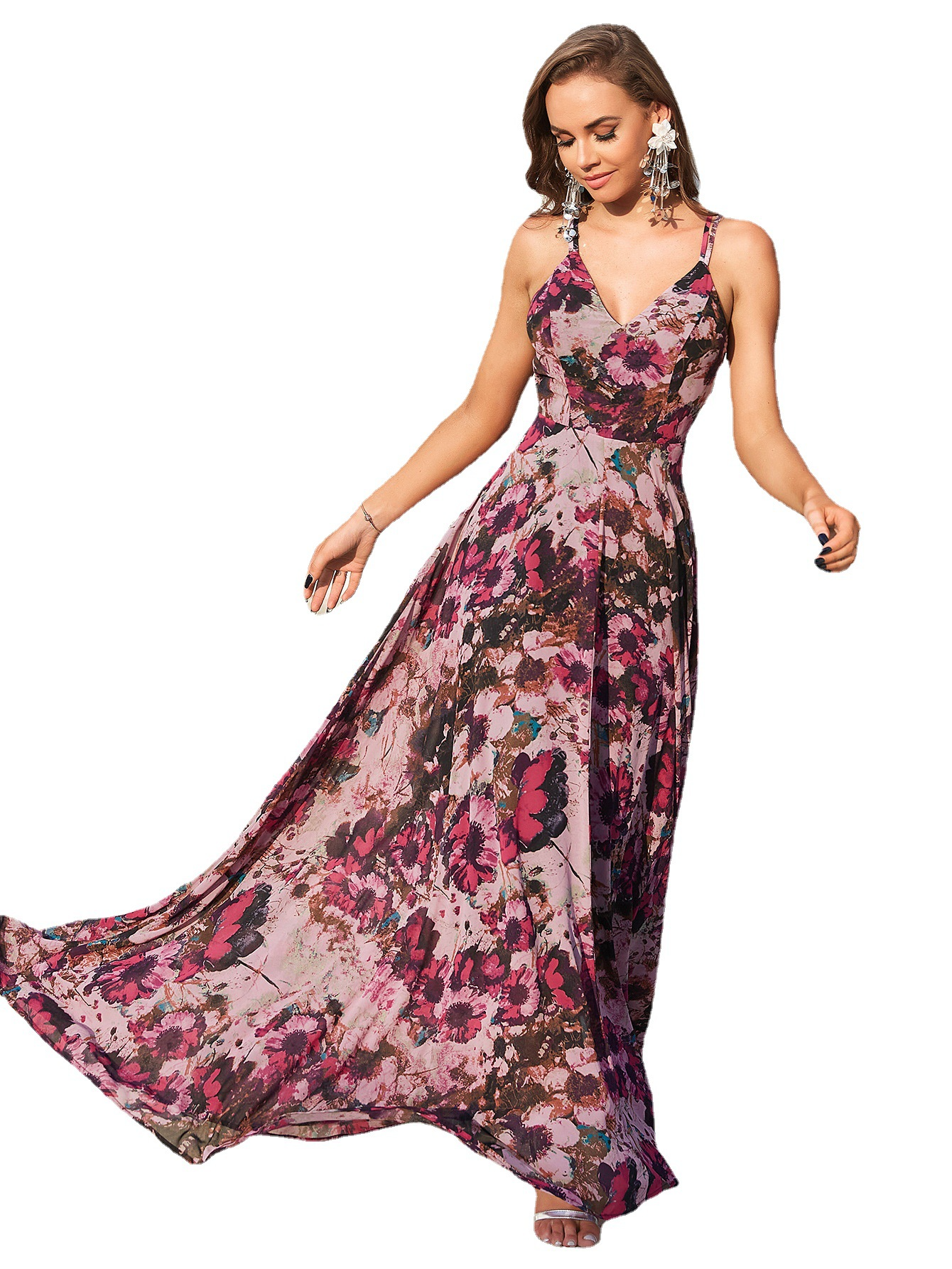 Floral Printed V Neck Long Evening Dress