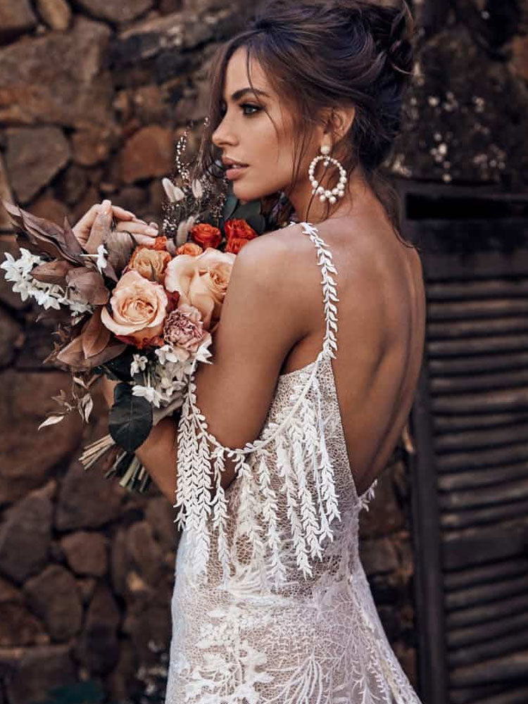 Lace Brush Train Boho Wedding Dress