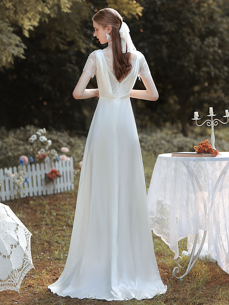 White V-Neck Short Sleeves Wedding Dress