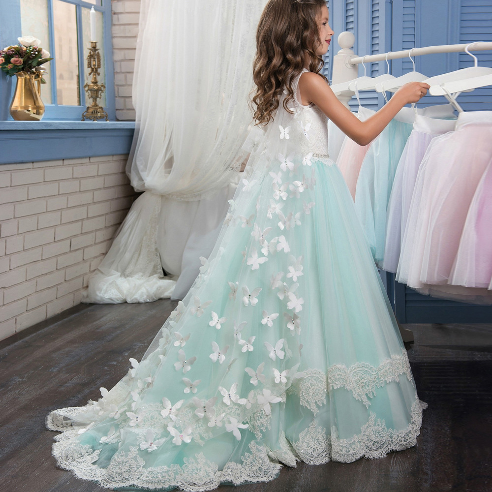 Light Cyan Mesh Sleeveless Kids Fairy Wedding Dress