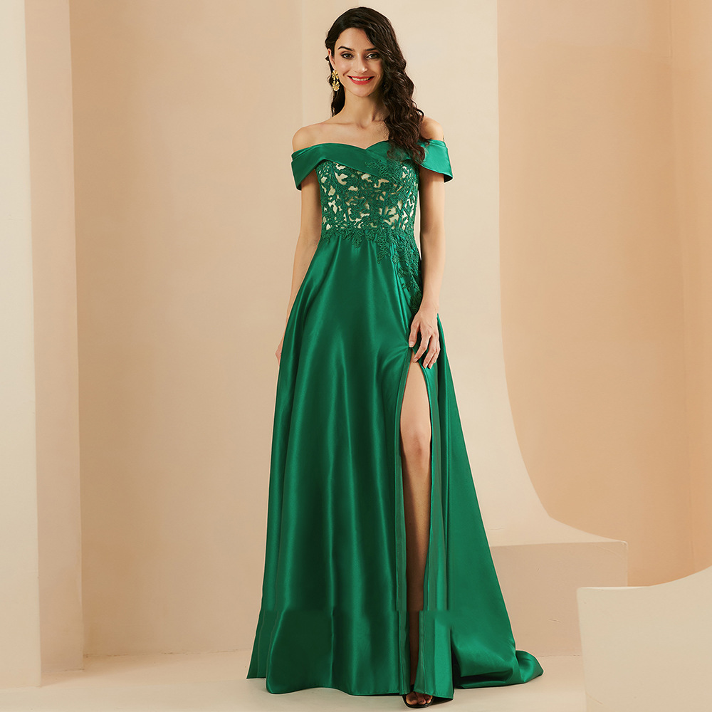 Green Embroidered Off-Shoulder Evening Slit Dress