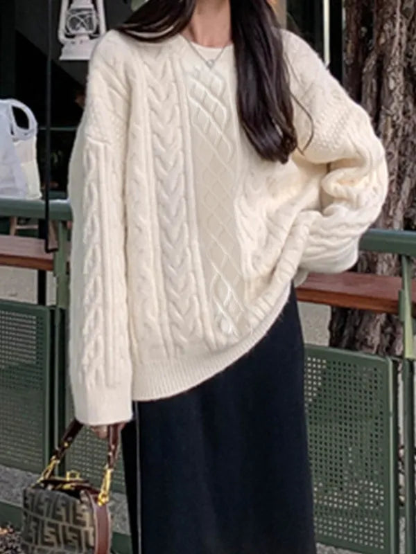 Solid Cable Knit Pullover Sweater