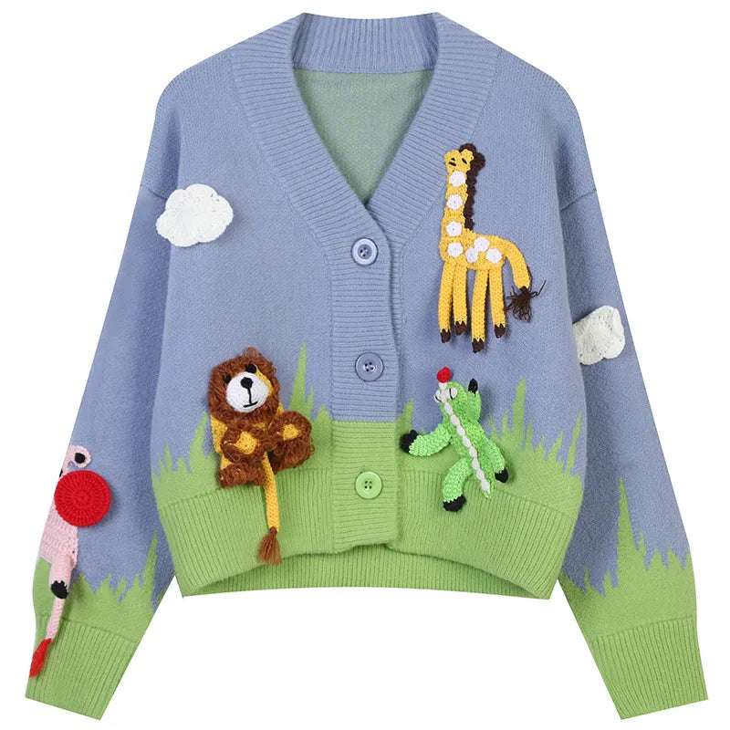 Animal Design Loose Hand-knitted Cardigan