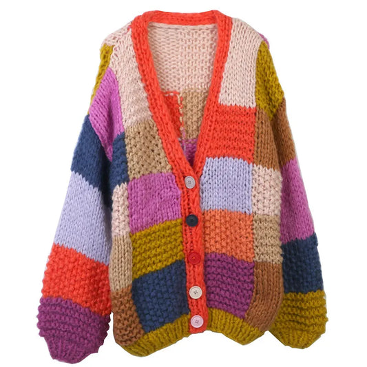 Contrasting Color Hand-knitted Chunky Cardigan