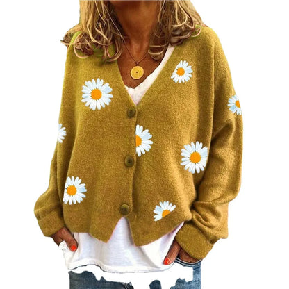 Women's Floral Print  Button Down Ribbed Sweater