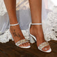 White PU Diamond Embroidered Chunky Wedding heels