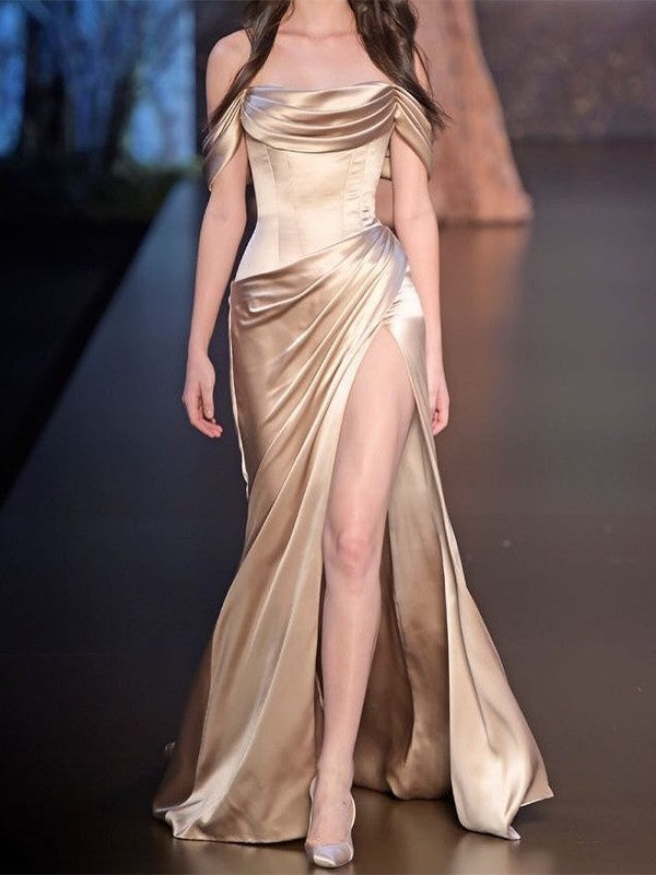 Wheat Satin Off-Shoulder Long Evening Slit Dress