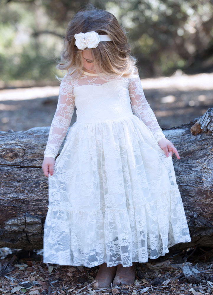 White Lace Long Sleeves Tie Back Kids Party Dress