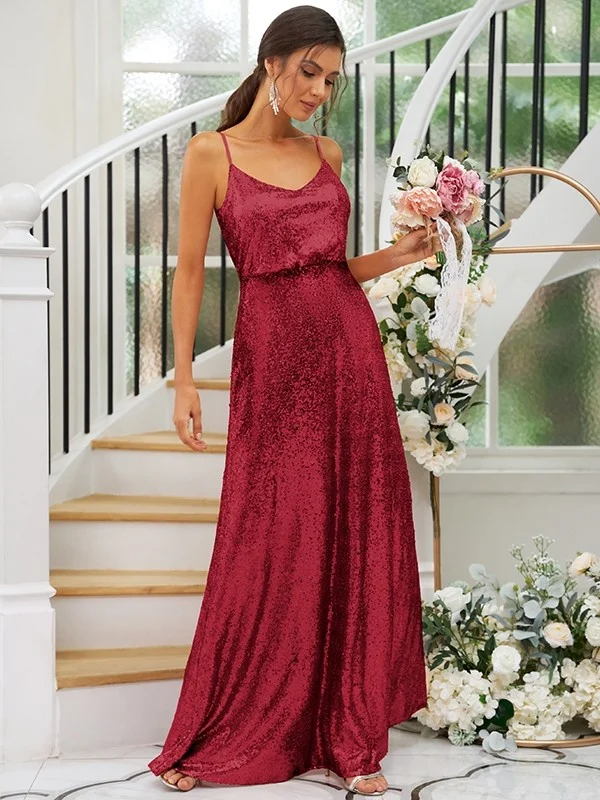 Sequin Spaghetti Strap Sleeveless Maxi Bridesmaid Dress