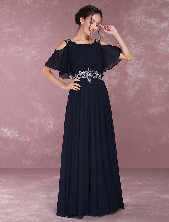 Navy Chiffon Beading Cold Shoulder Pleated Bridesmaid Dress