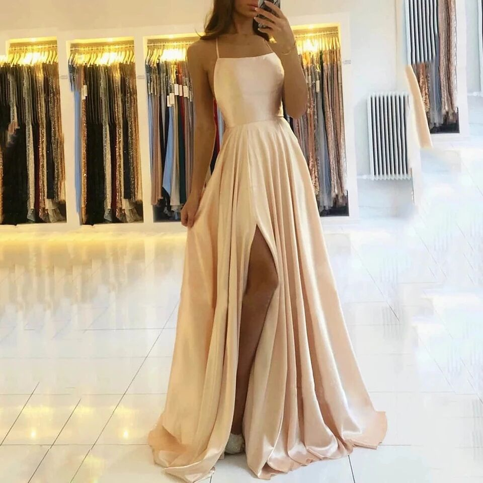 Spaghetti Strap Sleeveless Long Slit Bridesmaid Dress