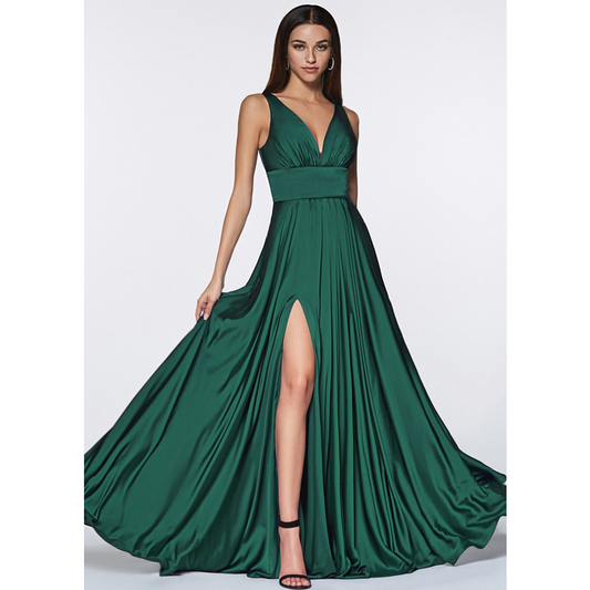 Deep V Neck Sleeveless Pleated Evening Slit Dress