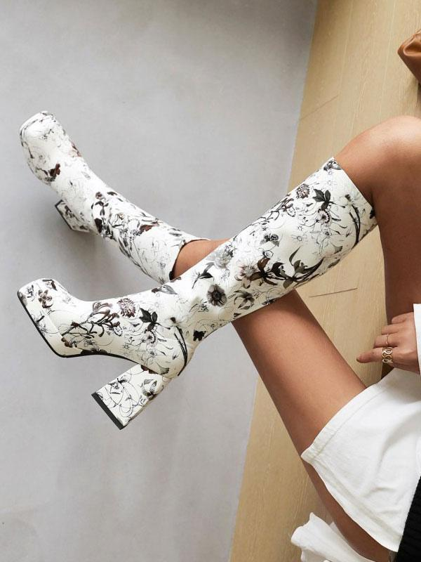 Women's Floral Print Block Heel Platform Knee-High Boots