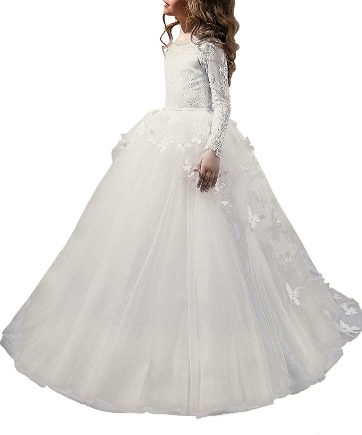 Lace Butterfly Applique Full Sleeves Kids Wedding Dress