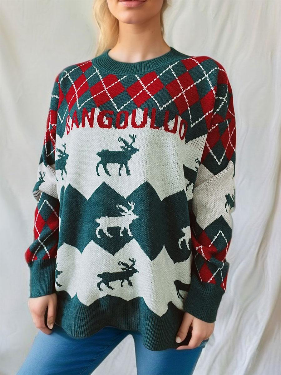 Knitted Elk Printed Pullover Sweater