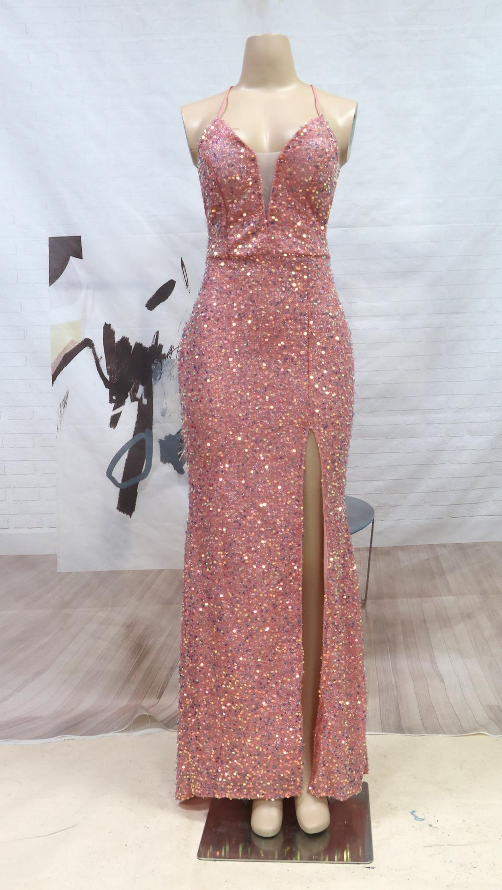 Deep V Neck Backless Sequined Evening Dress