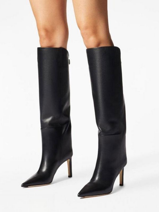 Black Pointed Toe High Heel Knee Boots