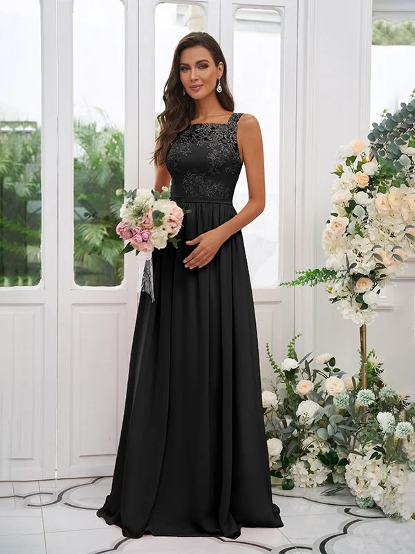 Lace Applique Square Neck Sleeveless Maxi Bridesmaid Dress