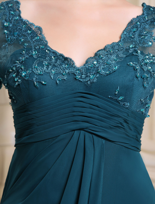 Teal Applique Beaded Long Sleeves Bridesmaid Dress