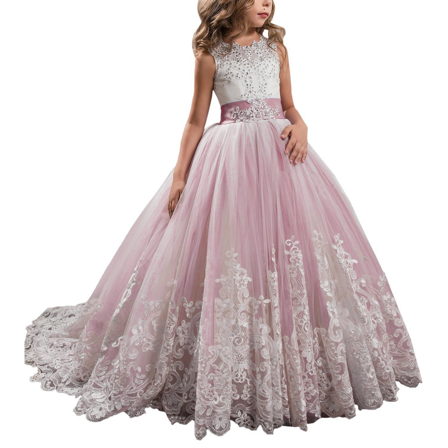 Beaded Lace Embroidered Sleeveless Kids Wedding Dress