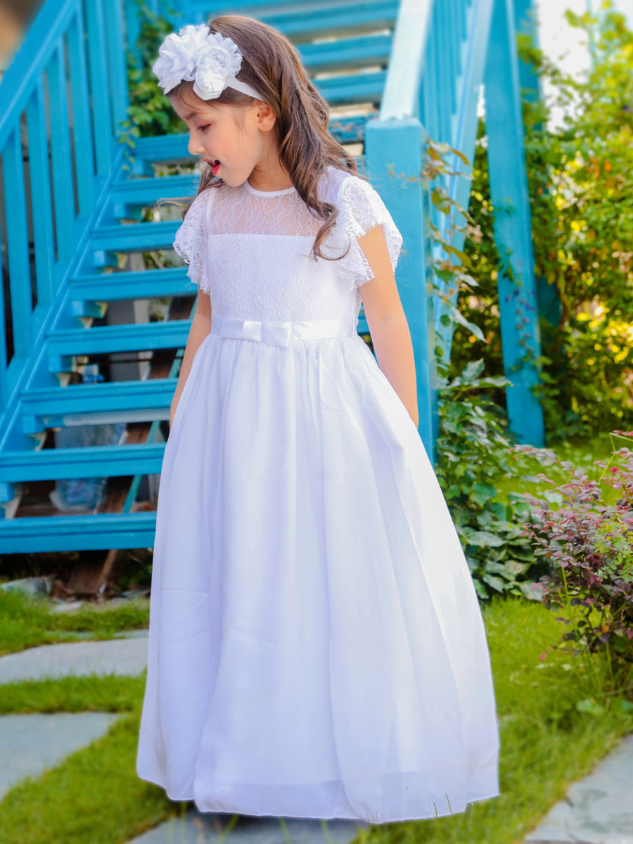 Jewel Neck Short Sleeves Pleated Kids Party Dress