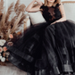 Black A-Line Lace Applique Backless Sleeveless Wedding Dress