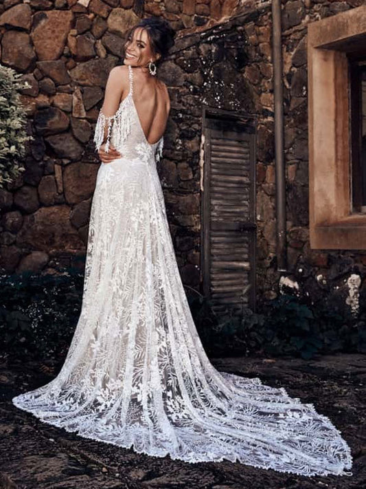 Lace Brush Train Boho Wedding Dress