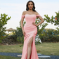 Satin Off-Shoulder Sleeveless Thigh High Split Bridesmaid Dress