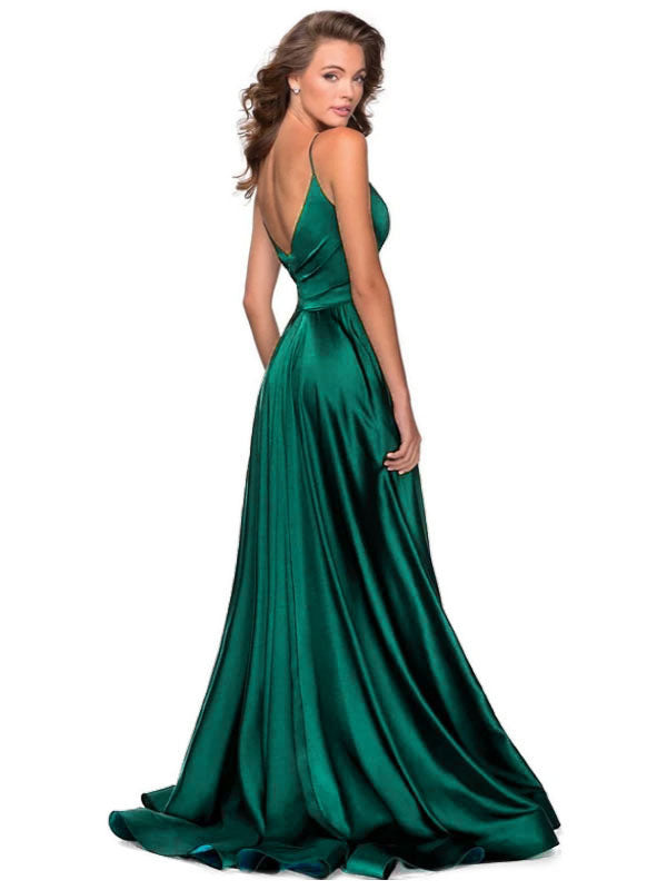 Dark Green Satin V-Neck Backless Split Bridesmaid Dress