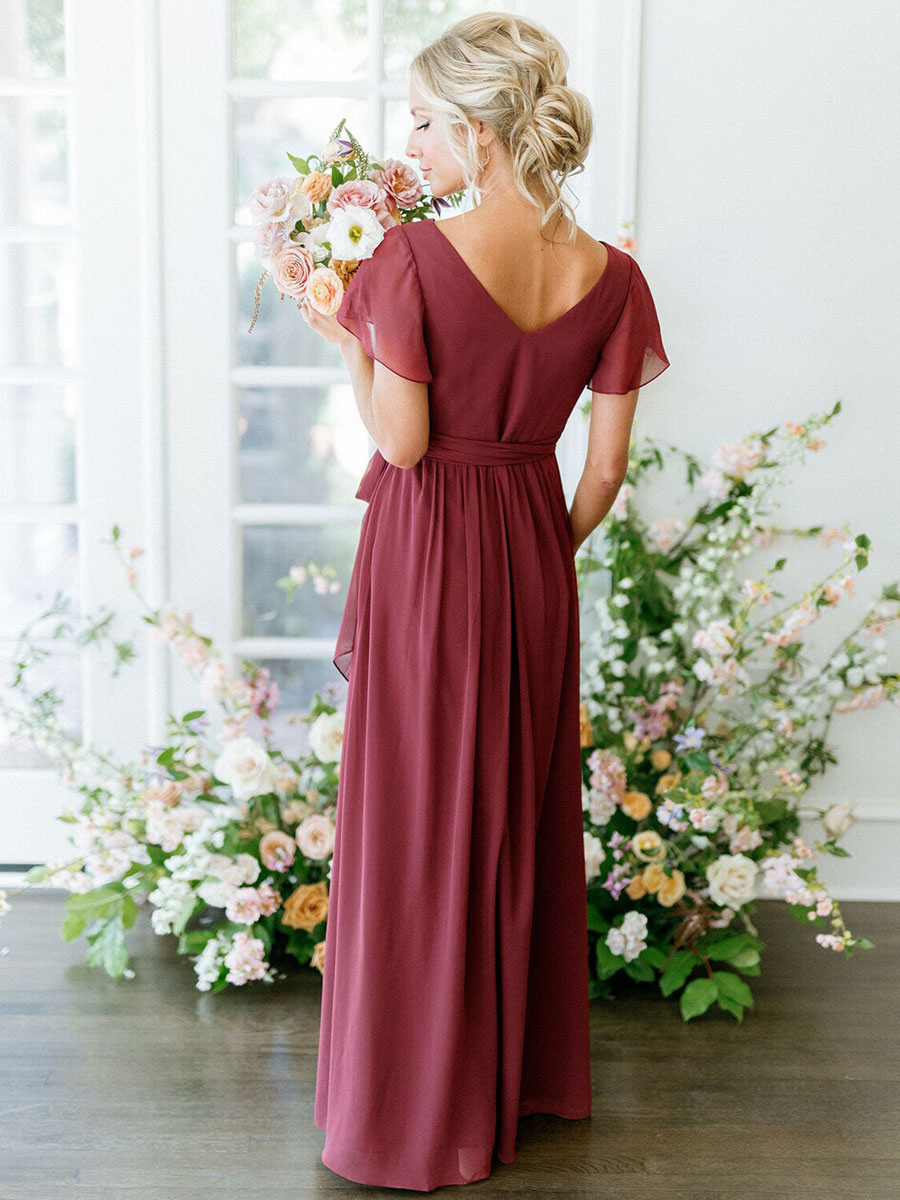 Indian Red V Neck Short Sleeves Slit Bridesmaid Dress