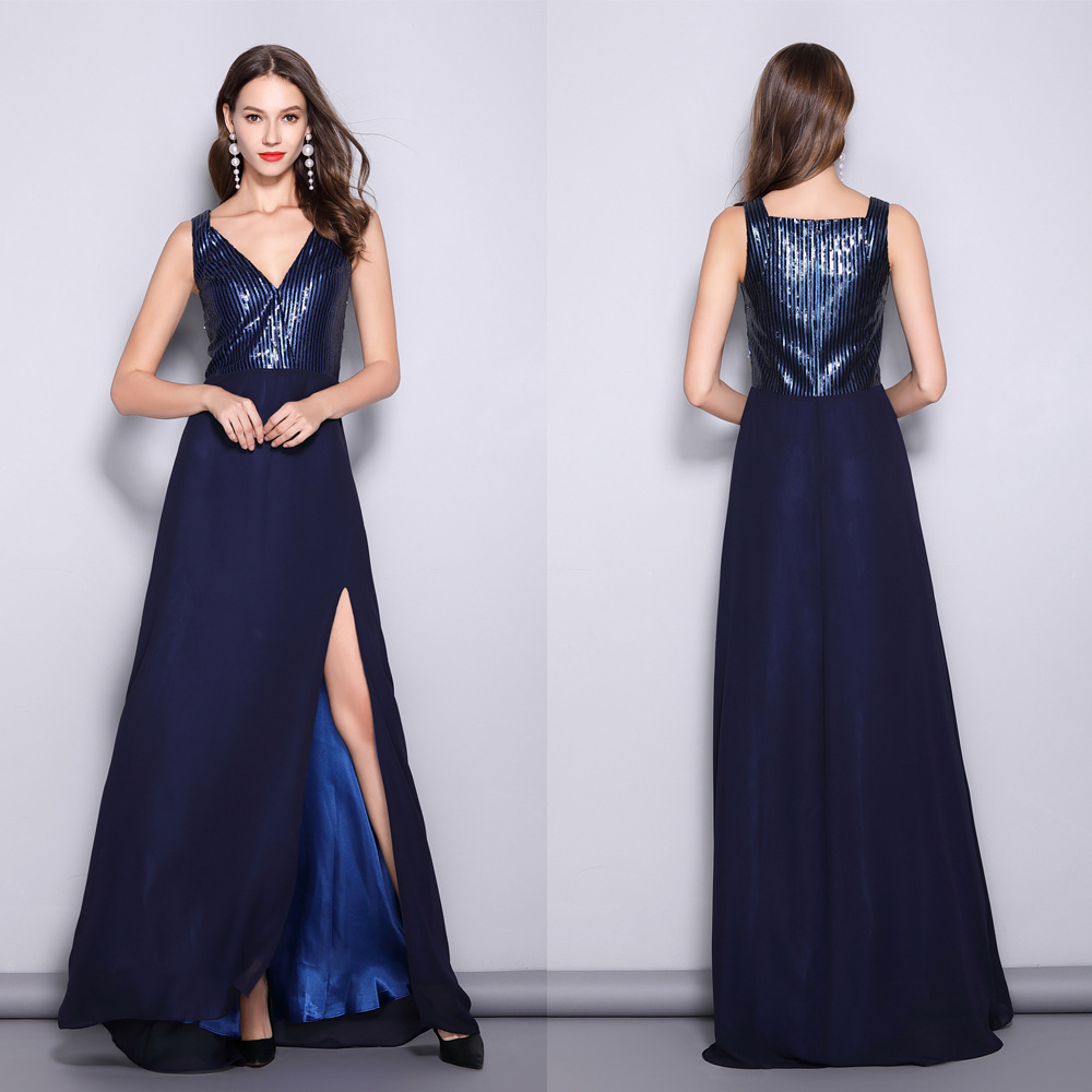 Blue Sequin Long Slit Evening Dress