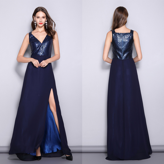 Blue Sequin Long Slit Evening Dress