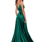 Dark Green Satin V-Neck Backless Split Bridesmaid Dress