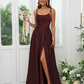 Satin Simple Spaghetti Strap Sleeveless Maxi Bridesmaid Slit Dress