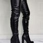 Black PU Leather Sky-High Chunky Heel Thigh-High Boots