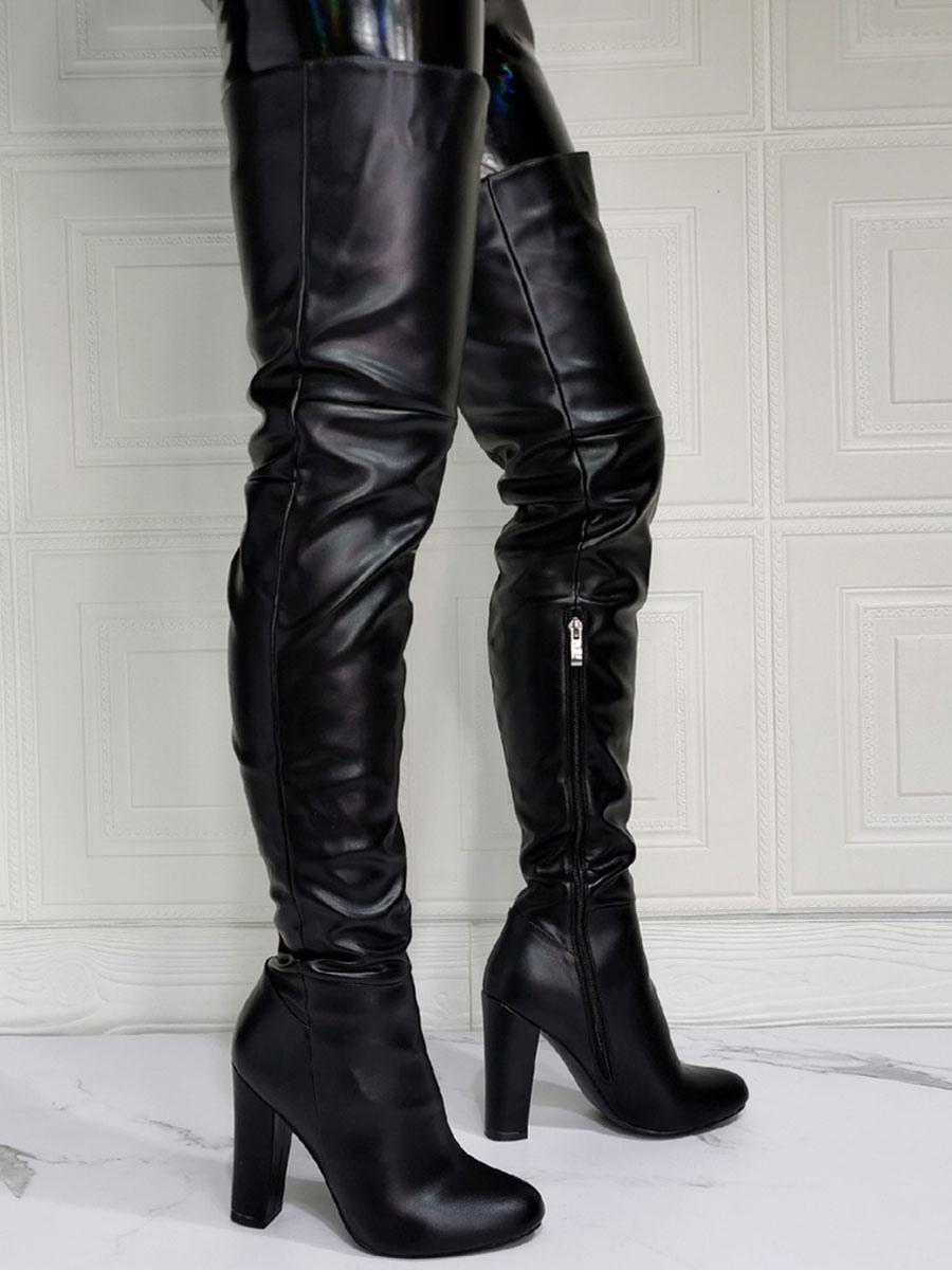 Black PU Leather Sky-High Chunky Heel Thigh-High Boots