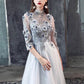 Light Gray Lace Flower Applique Half Sleeves Prom Dress