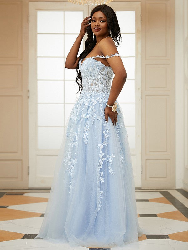 Appliqued Light Blue Off-Shoulder Long Evening Dress