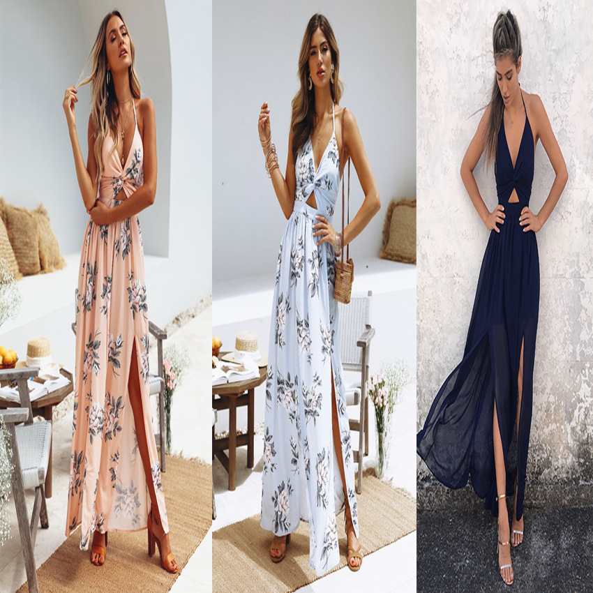 Deep V Neck Halter Neck Long Evening Dress