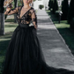 Black Lace Deep V Neck Backless Long Sleeves Slit Wedding Dress