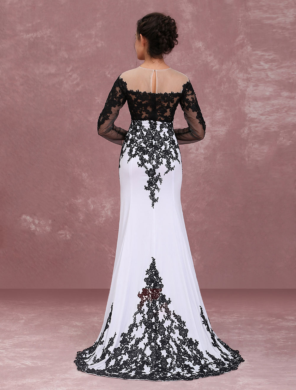 White Lace Black Embroidered Mermaid Prom Dress