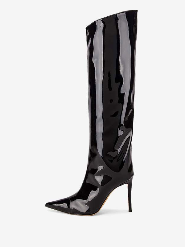 Bright Leather Point Toe Stiletto Heel Knee High Boots