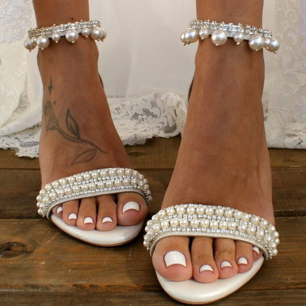 White Rhinestone Pearls Anklet Chunky Wedding Heels