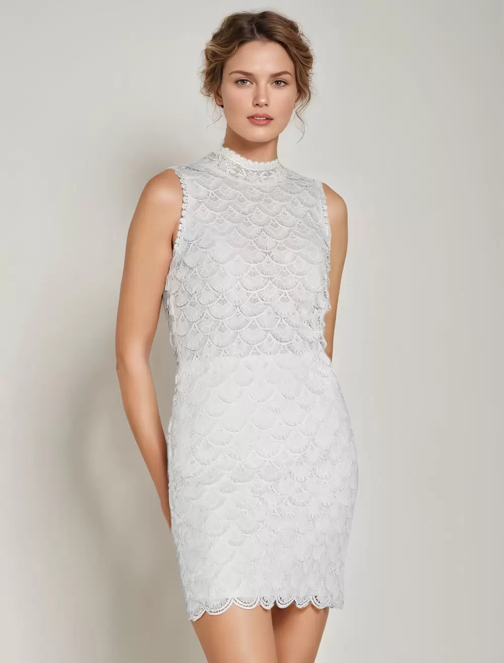 White Lace High Collar Sleeveless Mini Wedding Dress