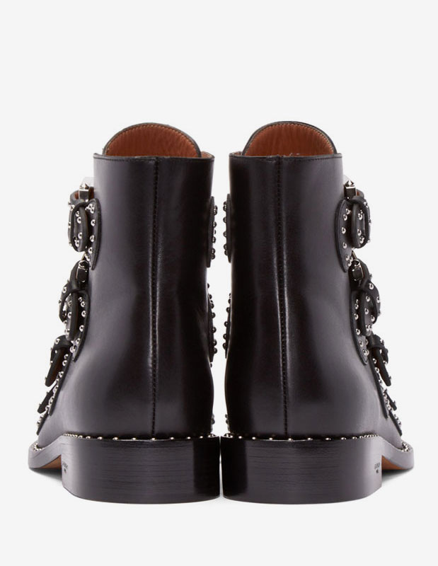 Black Cowhide Studded Buckles Round Toe Motorcycle Boots