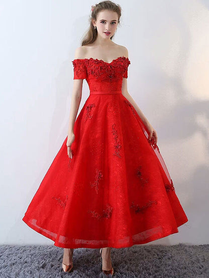 Red Off The Shoulder Lace Flowers Beading Cocktail Party Dress