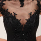 Black Lace Applique Short Sleeves Mermaid Evening Dress