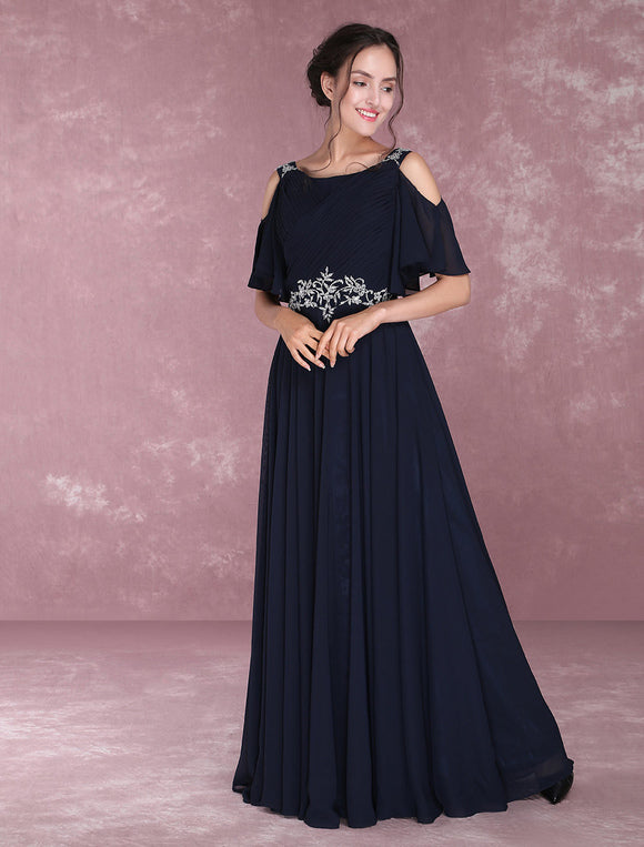 Navy Chiffon Beading Cold Shoulder Pleated Bridesmaid Dress