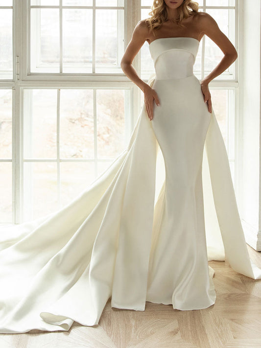 Ivory Satin Backless Bow Detail Mermaid Wedding Dress