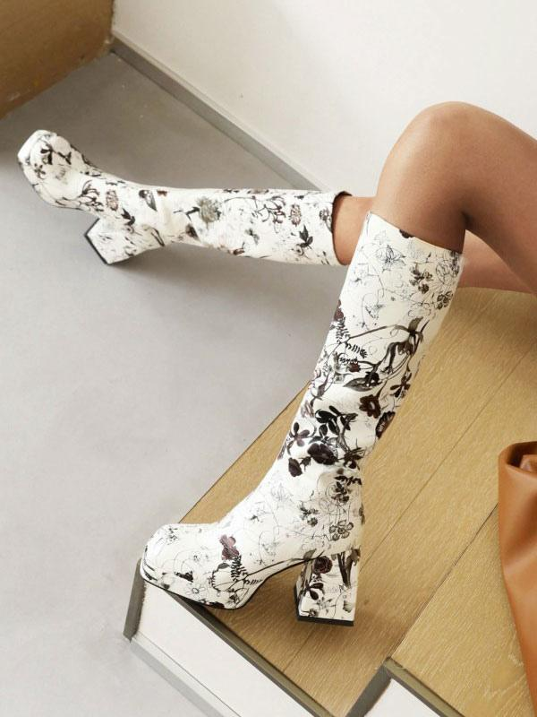 Women's Floral Print Block Heel Platform Knee-High Boots